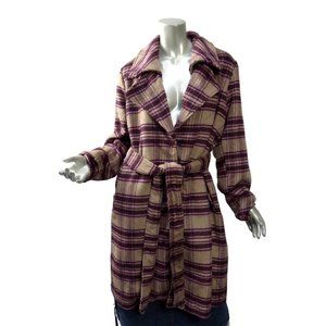 A New Day Sashed Plaid Midi Coat Beige & Purple Big Collar Soft 2XL XXL